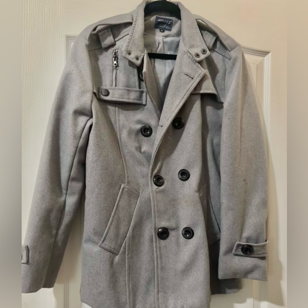 Aowo7s Grey Wool Trench Coat Men’s XL Long Overcoat Classic Peacoat Style